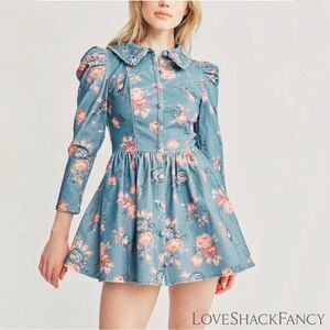 LOVESHACKFANCY **NWT** Beyers Corduroy Mini Dress in Faded Denim Floral